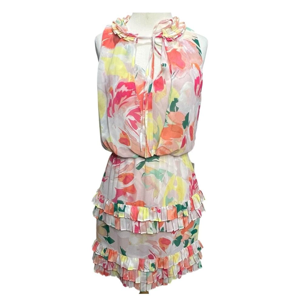 Laundry by Shelli Segal Dress 6 Pink Painted Floral Ruffle Romantic Coquette NEW